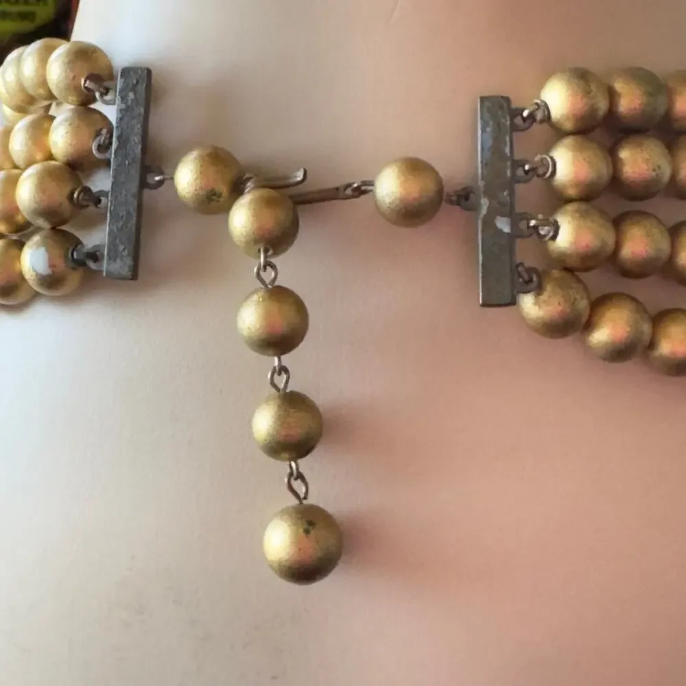 Vintage Earring & Multi Strand Necklace Set Gold & Black Beaded 1950s Japan